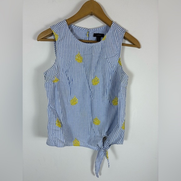 J Crew Top Striped Embroidered Pineapple Sleeveless Side Tie Coastal Nautical 2 - Picture 1 of 7